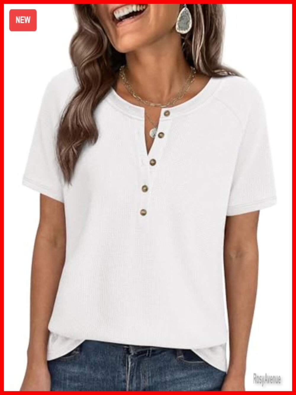 Waffle Knit Henley Shirt Short Sleeve Raglan Womens Top